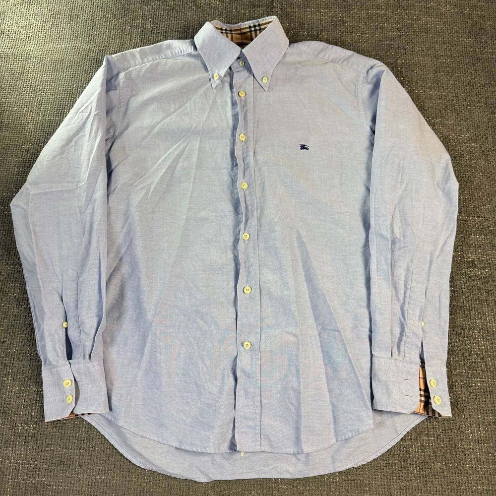 Burberry London Button Down Shirt Mens 41 Blue Nova Check Trim Oxford
